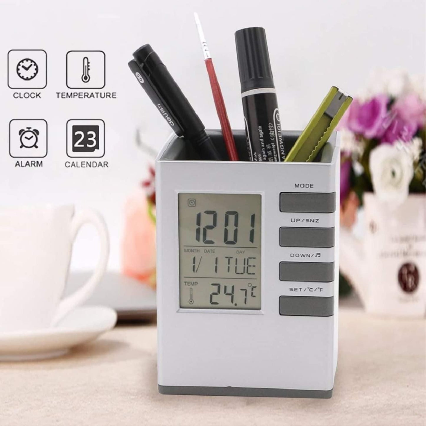 Pen Holder with LCD Display & Digital Alarm Clock